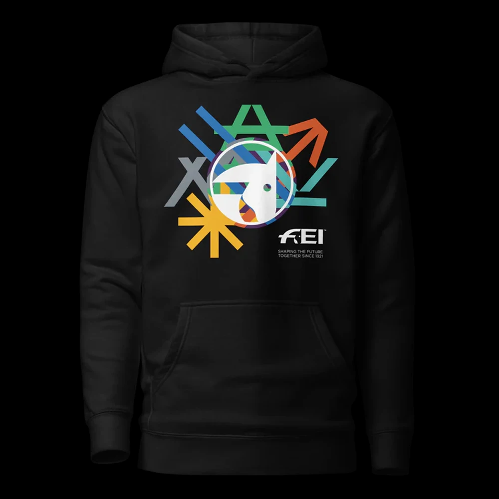 

Equestre Hoodie with Colorful Geometric Horse Logo Print & "Shaping the Future" Sloga Equestrian Sporty Styling Sweatshirt