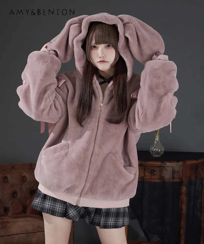 

Японское массовое производство на шнуровке с кроличьими ушками и капюшоном, утолщенное экологически чистое меховое пальто, зимнее субкультура, готическое плюшевое пальто большого размера