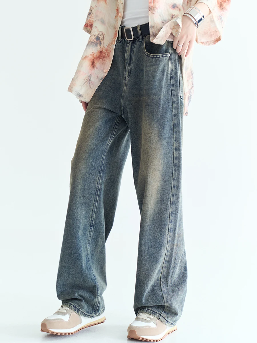 Vintage Washed Distressed Denim Jeans Loose Fit Casual Straight Leg Pants for Women Comfortable Classic Blue Jeans
