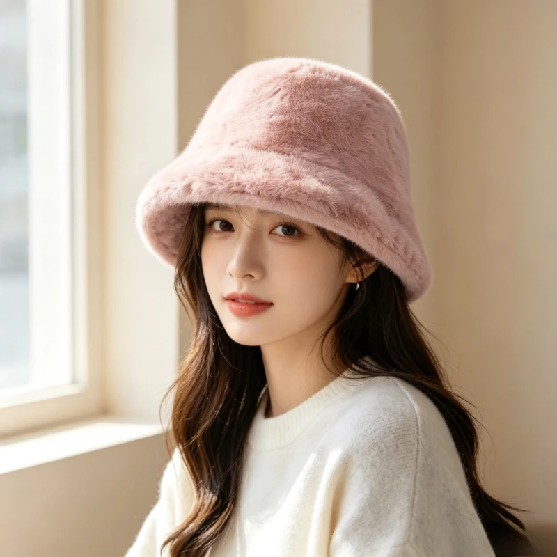 1 piece of women's white plush hat, cute winter thick hat, face enhancing small fashionable hat, fisherman hat