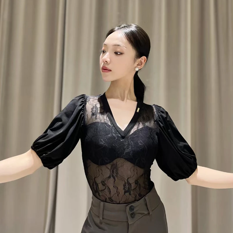 

2024 Retro Lantern Sleeves Modern Dance V-Neck Top Professional Practice Outfit For Women Latin Dance Practice Costumes DN18820