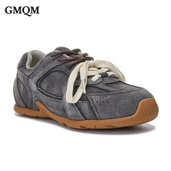 GMQM Fashion Women's Sports Shoes New 2024 Spring Autumn Suede Leather Vintage Vulcanized Shoes Lace-Up Round Toe Flats Shoes