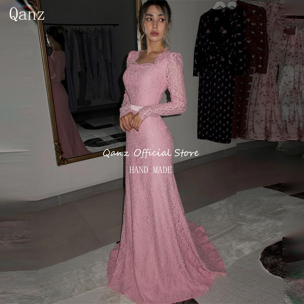 

Qanz Elegent Women Pink Prom Dresses Long Sleeves Mermaid Charming Lace Appiques Evening Dress Robe De Soirée Femme Customized
