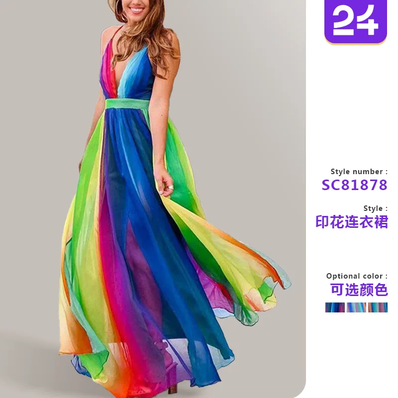 Damenkleider 2026 Frühling/Sommer Neu: Sexy Neckholder-Kleid mit tiefem V-Ausschnitt aus Regenbogen-Chiffon, langes Kleid für Damen, Vestidos