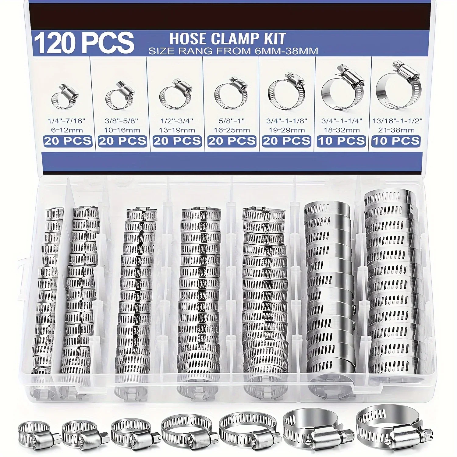 60/120pcs Hose Clamp Assortment Kit Stainless Steel Easy Tighten Worm Gear, 1/4