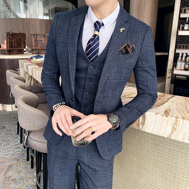 LIBIELIY High Quality British Korean Modified Plaid Men (suit + Vest + Trousers) Stylish And Handsome Business Casual Three-piec
