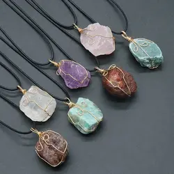 26-36mm 1pc Natural Stone Citrine Raw Wire Wrapped Pendant Pink White Quartz Amethyst Fluorite Irregular Stone Necklace Jewelry