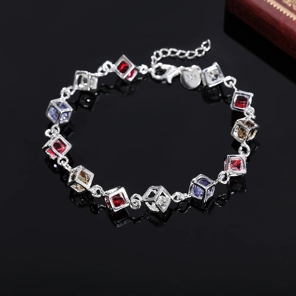

Hot Fashion 925 Sterling Silver Bracelet For Woman Colored Zircon Lattice Chain Luxury Jewelry Wedding Party Beautiful Gift