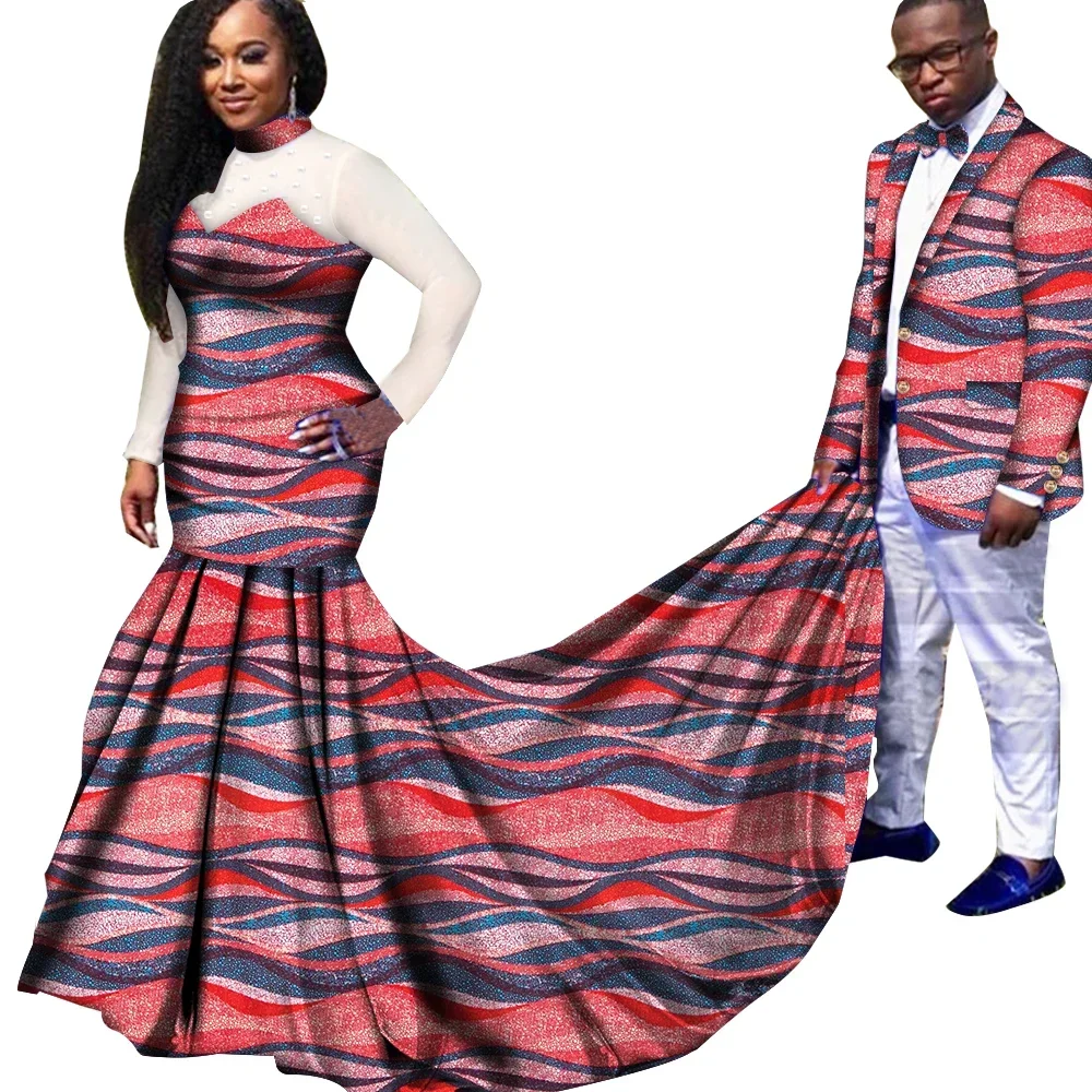 

African Couple Clothes Party Yarn Sleeve Dress for Women Riche Men Print Blazer Suits Traditional Party Wedding Clothing Wyq924