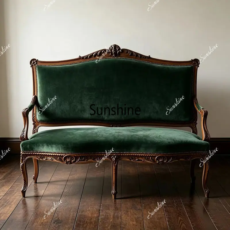 French retro solid wood carving flower sofa living room balcony velvet leisure