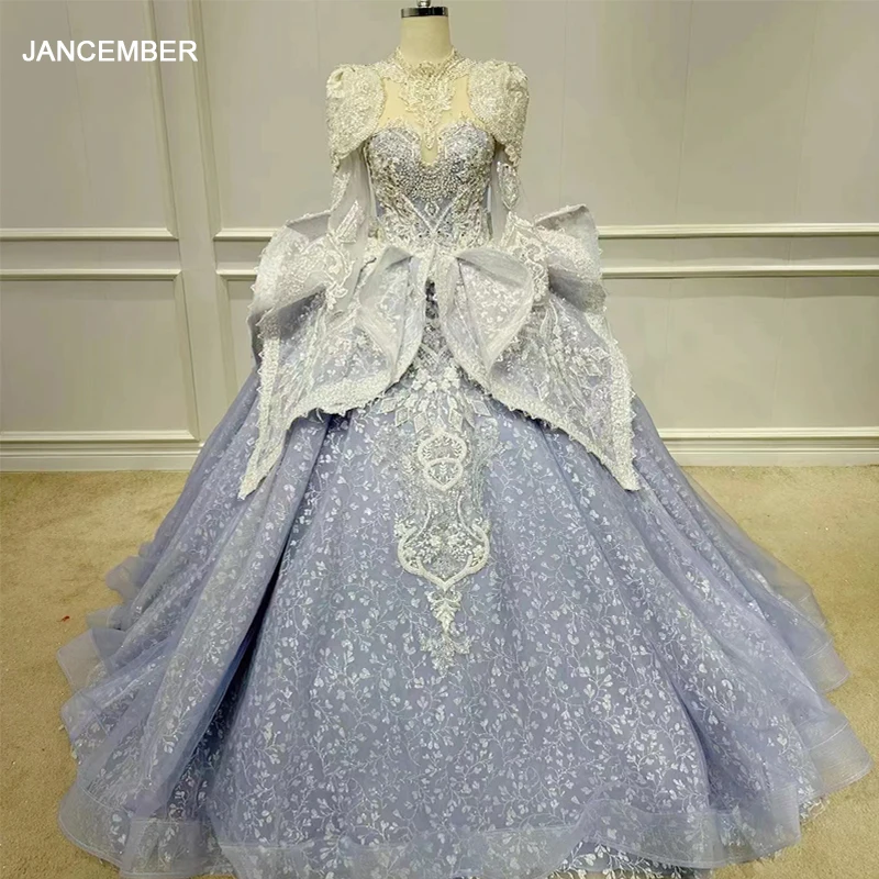 Elegante vestido De quinceañera con diamantes para niñas, traje De corte con lazo, volantes, cuello alto, plisado, manga larga, personalizado, 15 Años