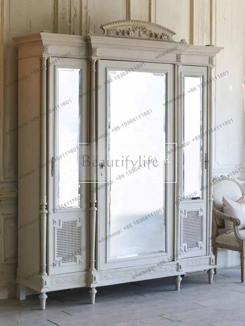 Customization American solid wood wardrobe antique light luxury bedroom wardrobe, antique storage retro wardrobe