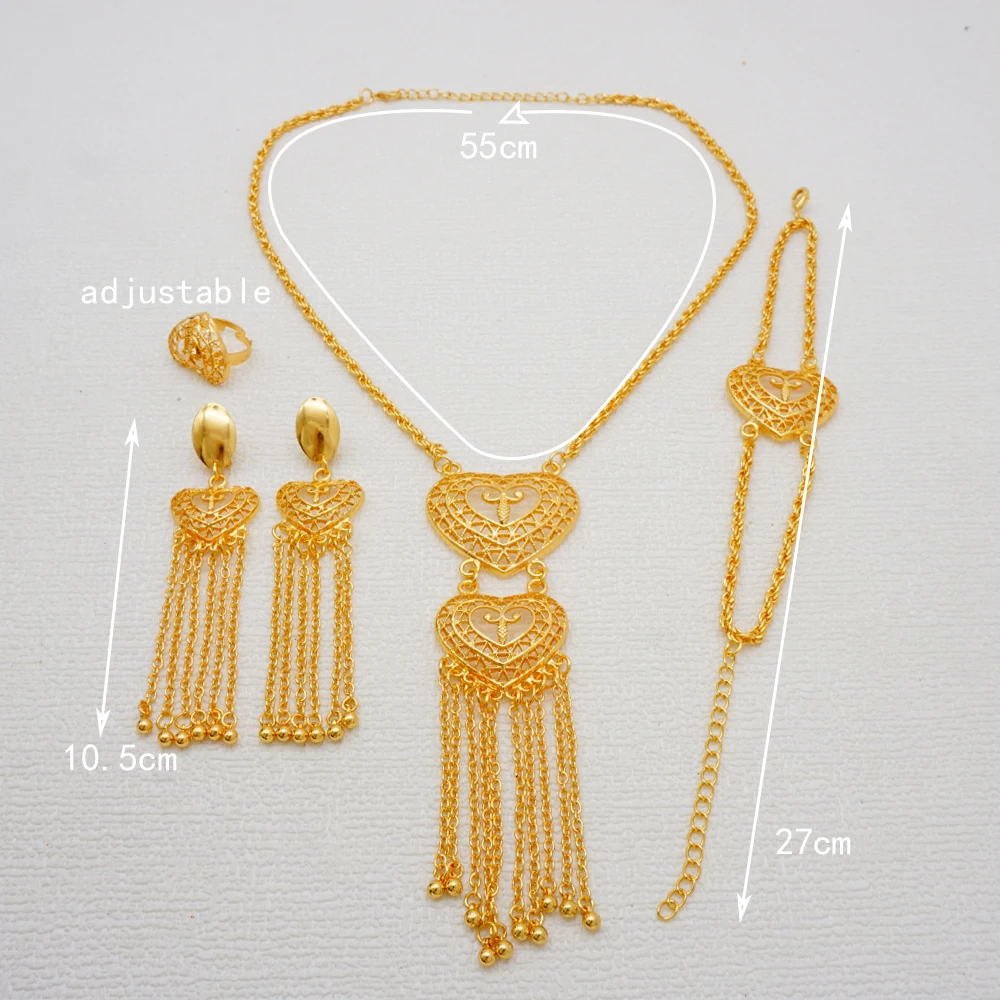 Luxury Indian Jewelry Gold Color Heart Shape Necklace Set Bridal Long Necklace Earrings Set Wedding Ethiopian Dubai Jewelry Gift