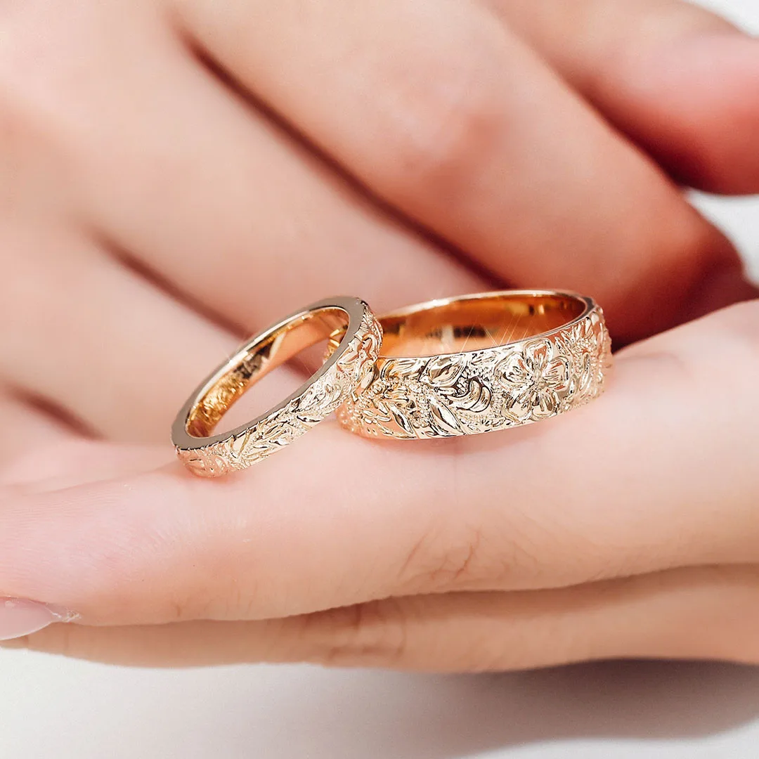 

Provence 14K Yellow Gold Couple Ring Romantic Flower Branch Pattern For Partners Band Ring Personalized Gift