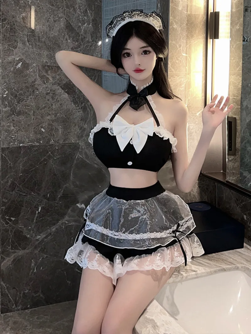 

Sexy Servant Dress Underwear Pure Desire Uniform Passionate Dress Elegant Mesh Lace Sexy Korean Women Mini Dress Tops 8WQX