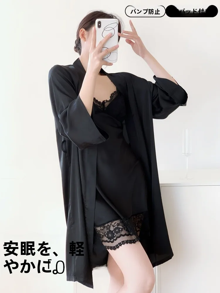エレガントでセクシーな女性のナイトガウンストラップスリープウェア春秋ホーム服花柄トリムポリエステル繊維-v-ネックミッドレングススカート