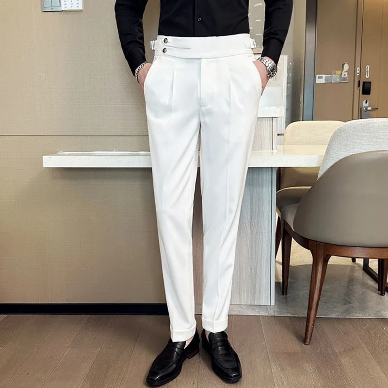 High quality elastic suit pants for men\'s Italian style personalized pleated white small suit pants for youth pants29-40