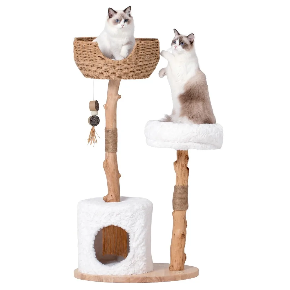 Cat Tree Tower with Two Real Branches, 44 INCH Wood Modern Cat Tower with Luxury Cat Condo, Scratching Post