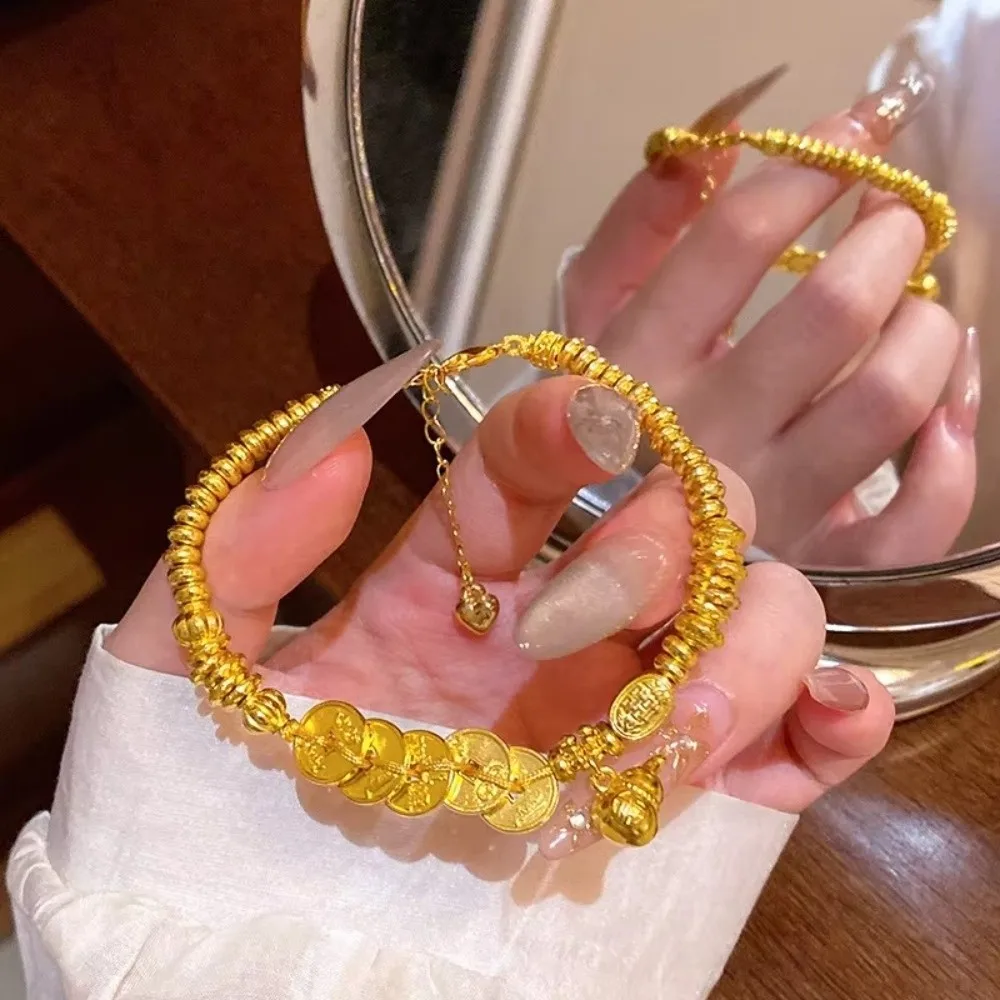 Retro Brushed Finish Coin Pendant Bracelet Exquisite Gold Color Bead Bracelet Jewelry Gift Gourd Bracelet For Women