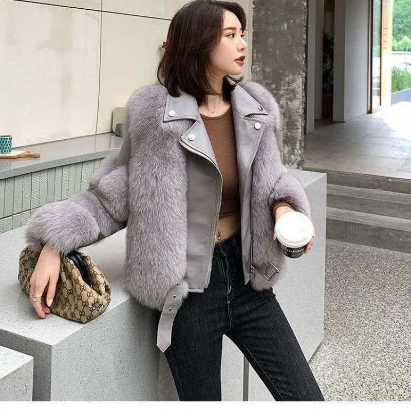 Women Faux Leather Coats Zipper Long Sleeve Fur Jackets Patchwork Streetwear Loose Turn Down Collar Elegant Coat Winter