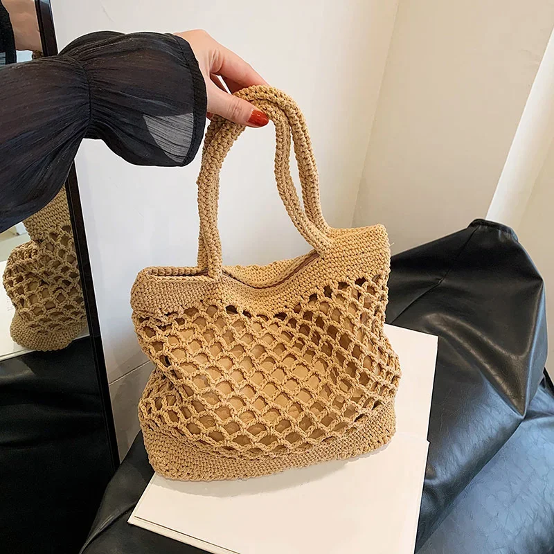 Summer Beach Bag for Women Mesh Rope Knitted Bucket Shoulder Bags Reticulate Hollow Travel Shopper Totes Ladies Fashion Handbag