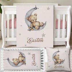 UOOPOO Custom Name Sleeping Bear Sleep on Moon Pillow Cover Set, Crib Bedding Set, Crib Sheet, Blanket