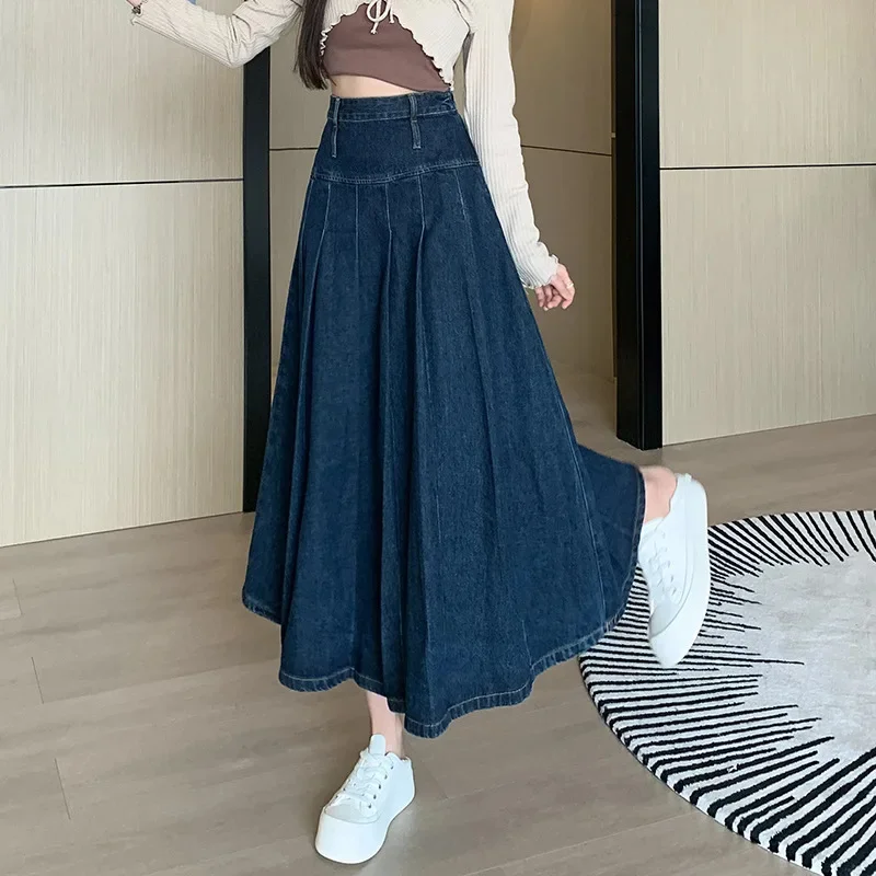 Chic Pleated Jeans Skirts Autumn Vintage High Waist Long Washing Ladies Straight Women Loose Denim Midi Skirts