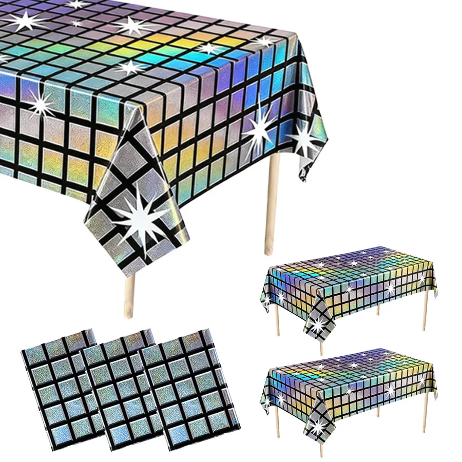 1pc Holographic Silver Glitter Disco Tablecloth, Disposable Laser Rectangle Cover for 70s Birthday Party, Wedding Garden Decor