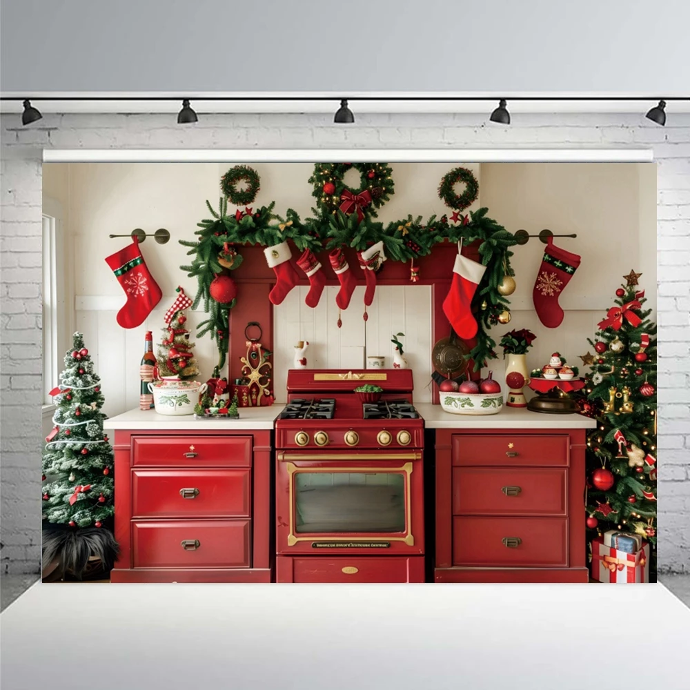 Yeele Christmas Kitchen Backdrop for Baby Shower Cake Smash Party Cabinet Kitchenware Wreath Photography Background Photo Studio