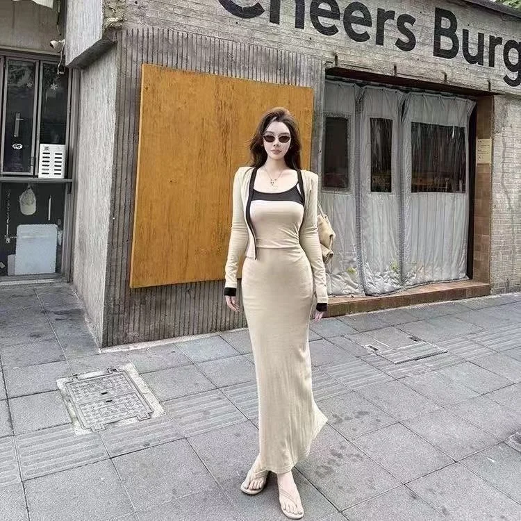 Slim Fit Long Sleeve Open Cardigan Top Women's Summer Autumn Two Piece Set Pure Desire Loose Color Block Strap Dress