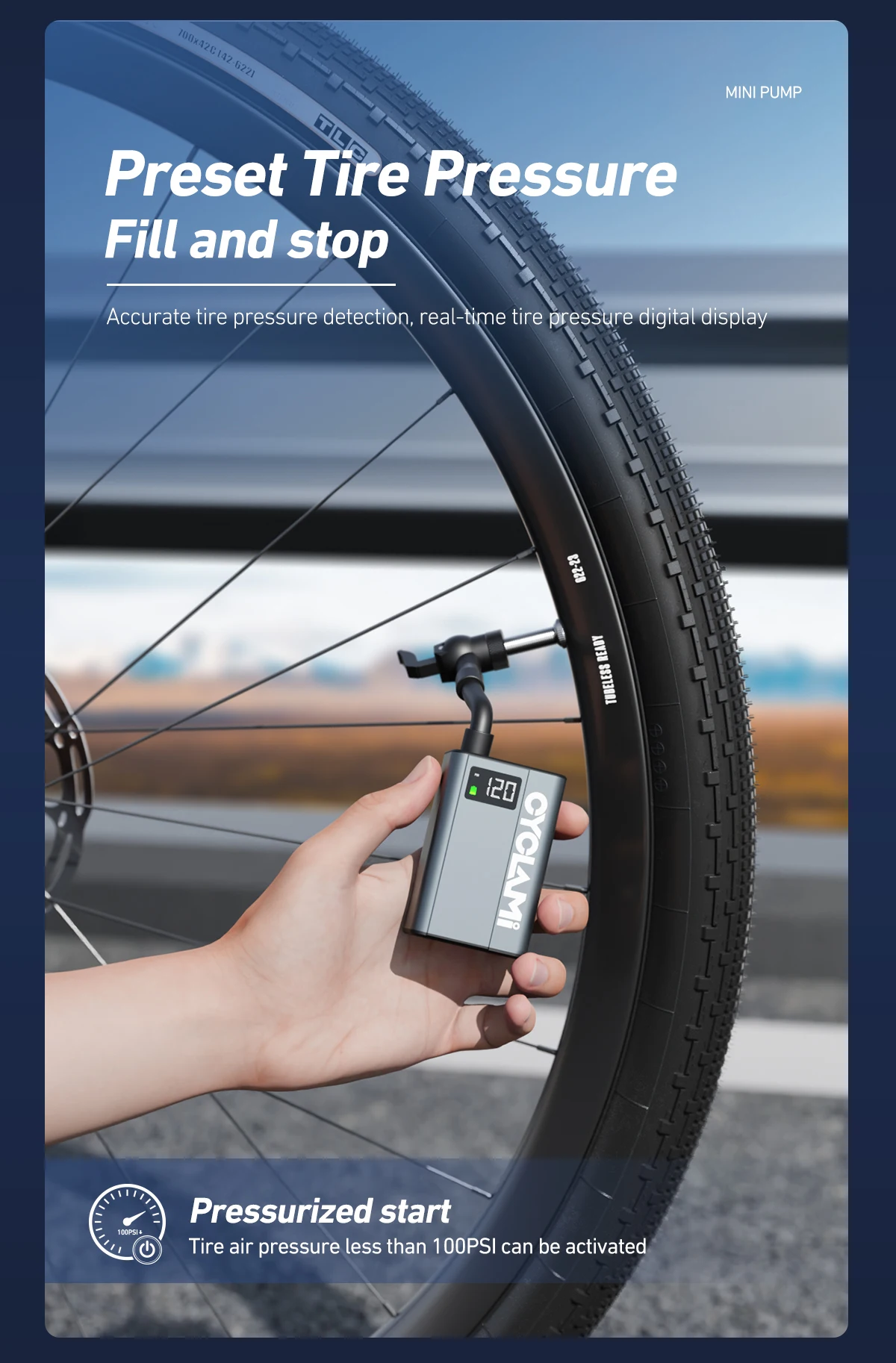 Ultraleichte Fahrrad-Luft-Elektropumpe CYCLAMI E1 120 psi Tragbarer Taschenreifenfüller für MTB, Rennrad, Motorrad, Aluminiumlegierung – Detail 4