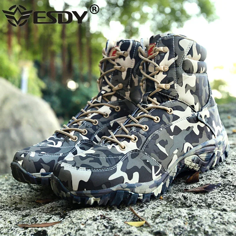 Men Boots Combat Mens Waterproof Canvas Camo Ankle Boots Tactical Size 37-46 Camouflage Boot Male Shoe Work Safety Shoes