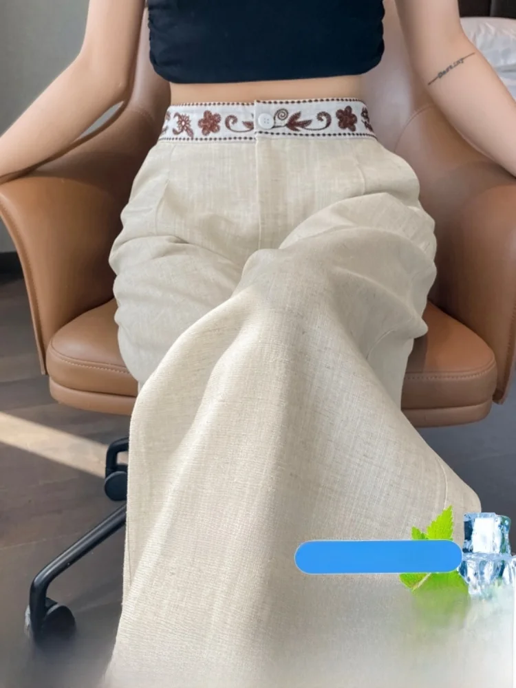 Plones Anchos Es con Bordado, Plones Casus de Corte Recto, Cintura Alta con Cierre de Botón, Sensación Fres...