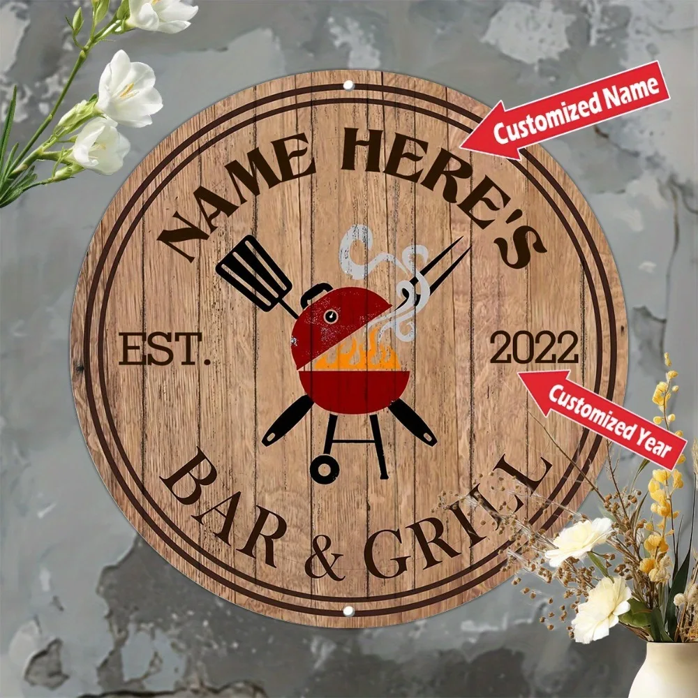 CIFbuy Custom Bar & Grill Round Metal Sign,Personalized BBQ Wall Decor (Only For Decoration)