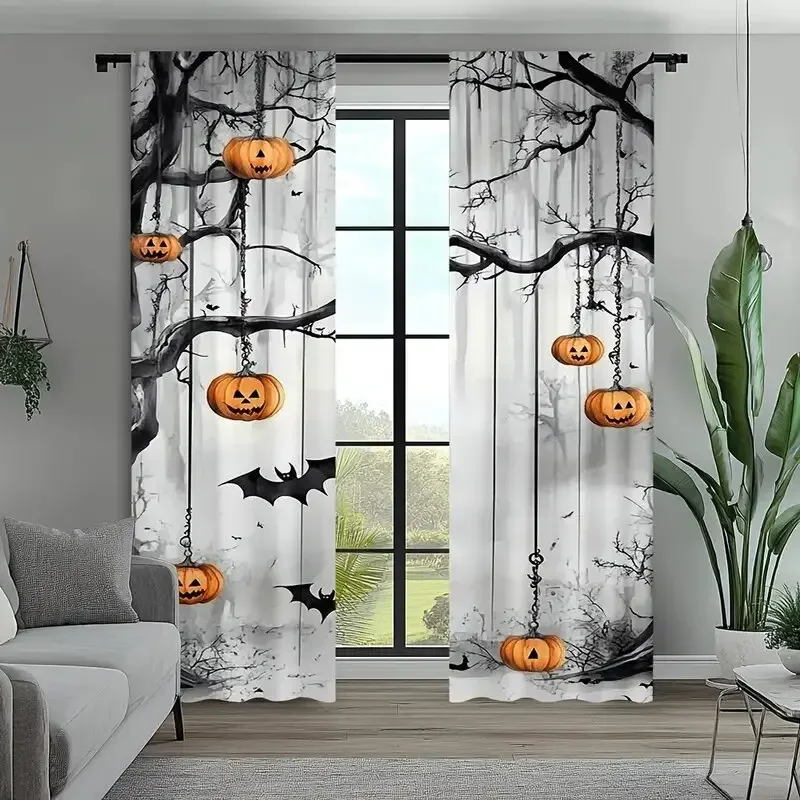 قطعتان - ستائر مطبوعة بنمط فانوس اليقطين للرؤية الليلية للهالوين، ديكورات النوافذ، ديكورات المنزل، ديكورات الغرف #6