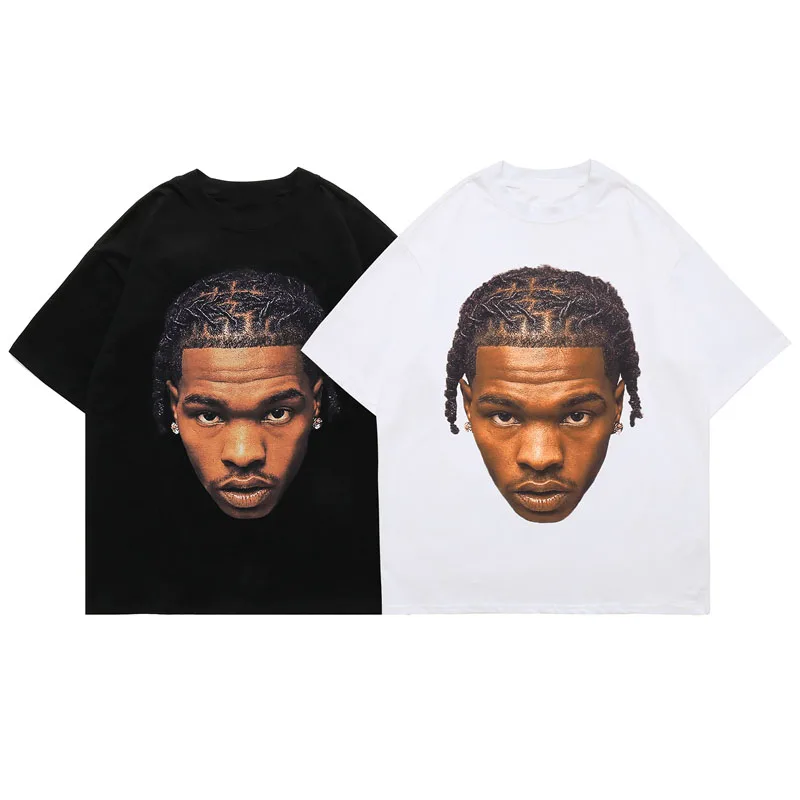 American Street Style Black Head Printed Short Sleeve T-shirt Men and Women Instagram Loose Street Hip-hop Rapper Top