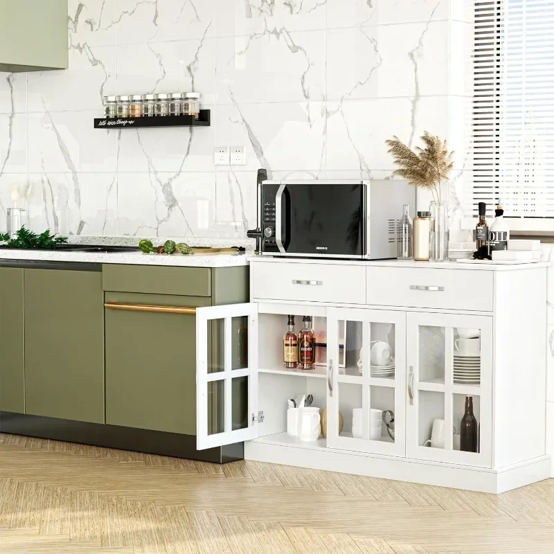 Aparador Buffet Cabinet with Glass Doors, Kitchen Sideboard, Buffet Table with 2 Storage Drawers and Prateleiras