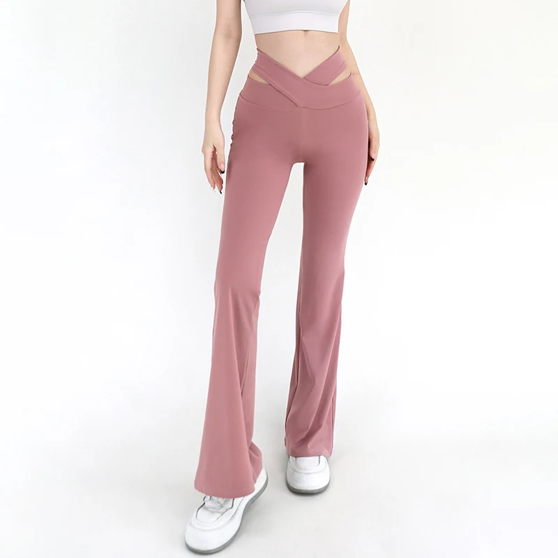 Sexy Cross Waist Aesthetics Shaping Yoga Pants Women Back Pocket Fitness Cycling Wide Leg Pants Woman High-End Sports Leggings