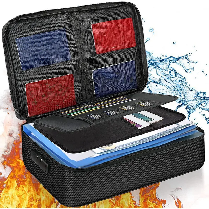 2X Organizer Bag Fireproof Document Bag With Lock Portable Filing Storage Box Holder For Document File Passport