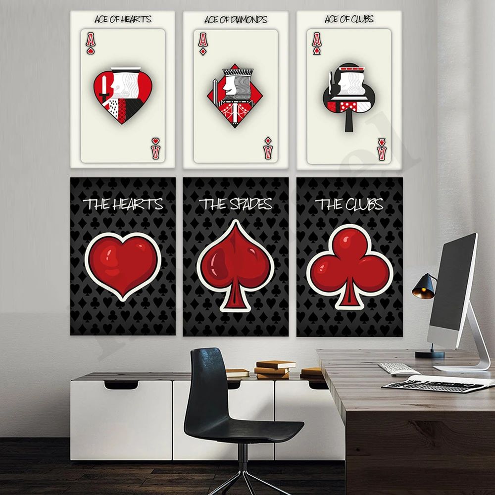 أوراق اللعب. البستوني. قلوب. الماس. الآس من النوادي. النوادي. غرفة اللعب. فن الديكور المنزلي. ملصق معرض منتصف القرن #5