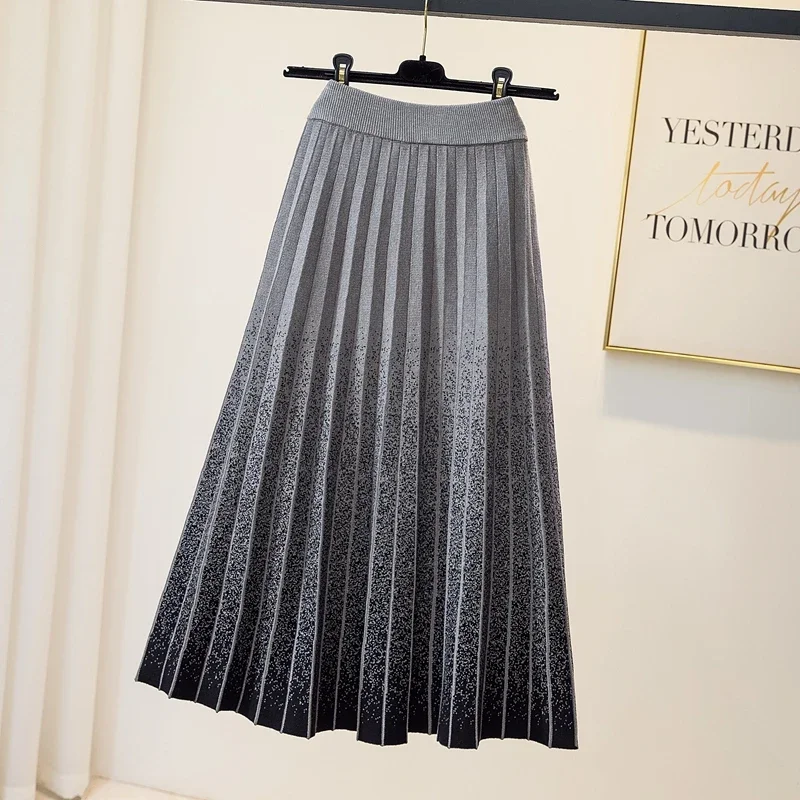 

TIGENA Fashion Gradient Knitted Long Skirt Women 2023 Fall Winter Vintage Vertical Stripe High Waist Pleated Midi Skirt Female