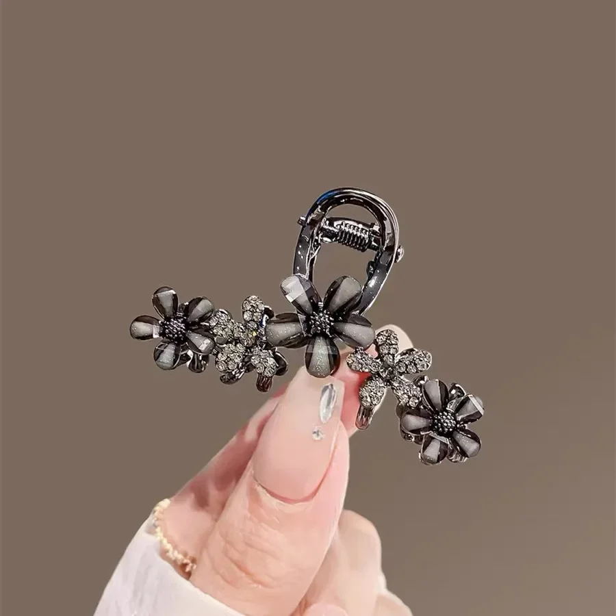 High-end Black Rhinestone Glaze Flower Hair Claw Exquisite Women's Back of Head Half-tied Hair Clip Temperament Hair Accessories