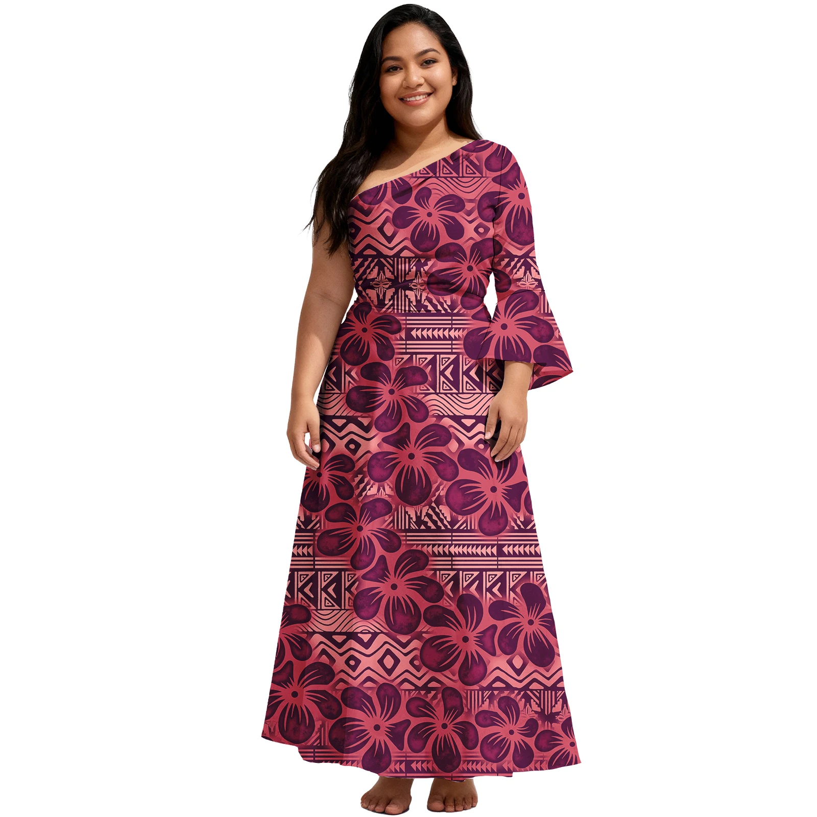 ハワイの花柄プリントカスタムブティック婦人服サモア風エレガントなレディースロングドレスポリネシア風パーティー婦人アロハドレス