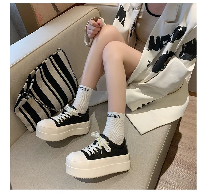 Neue schwarze klobige Plateauschuhe für Damen, Schnür-Sneaker aus Kunstleder, höhenvergrößernde Turnschuhe für Teenager-Mädchen, Damenschuhe für alle Jahreszeiten – Detail 28