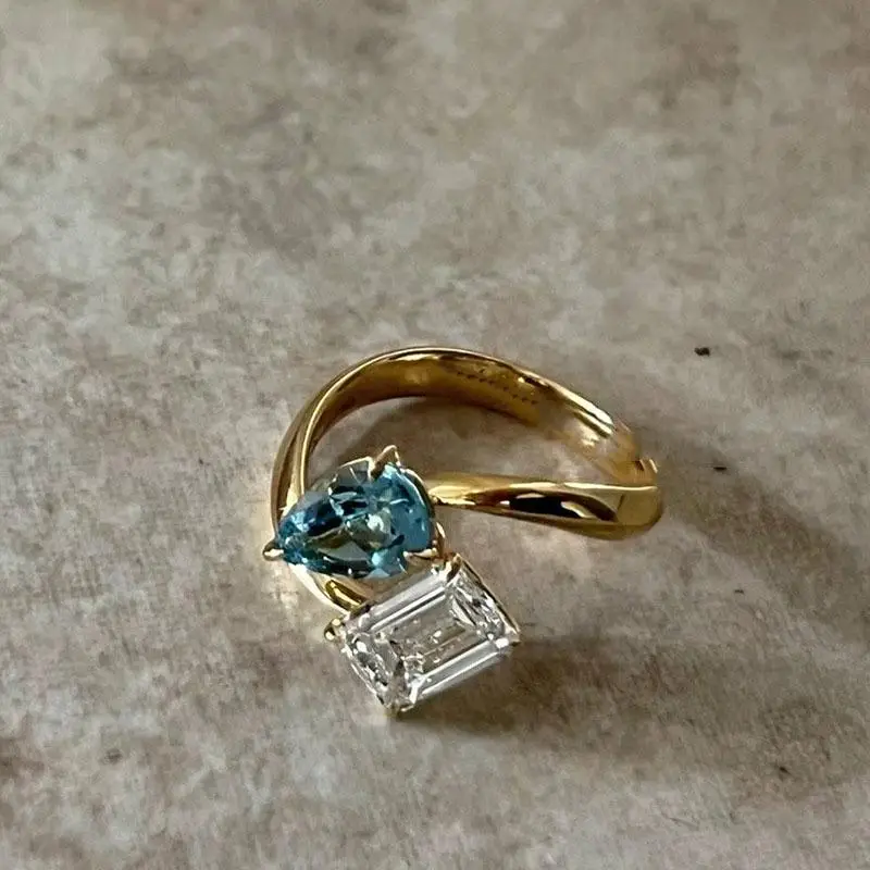 Fresh Classic Sea Blue Gemstone Water Drop Rings for Women Fashion Light Luxury Square Ring Opening Adjustable Wedding Jewelry - view 3