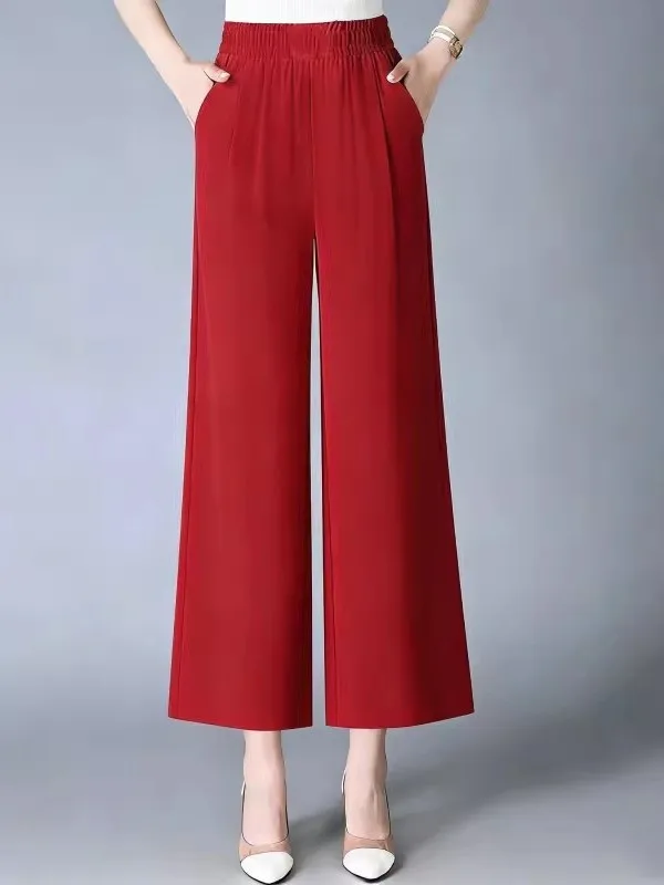 Spring Summer Thin Ice Silk Pleated Wide Leg Pants Women Casual Nine Point Loose Straight Tube Pants Versatile High Waist Ela...