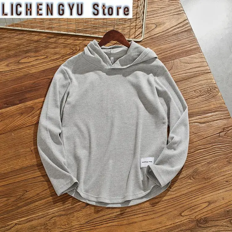 

Autumn New American Retro 260g Heavyweight Long Sleeve Hooded Waffle Knitted T-shirt Men's Simple Casual Bottoming Couple Tops