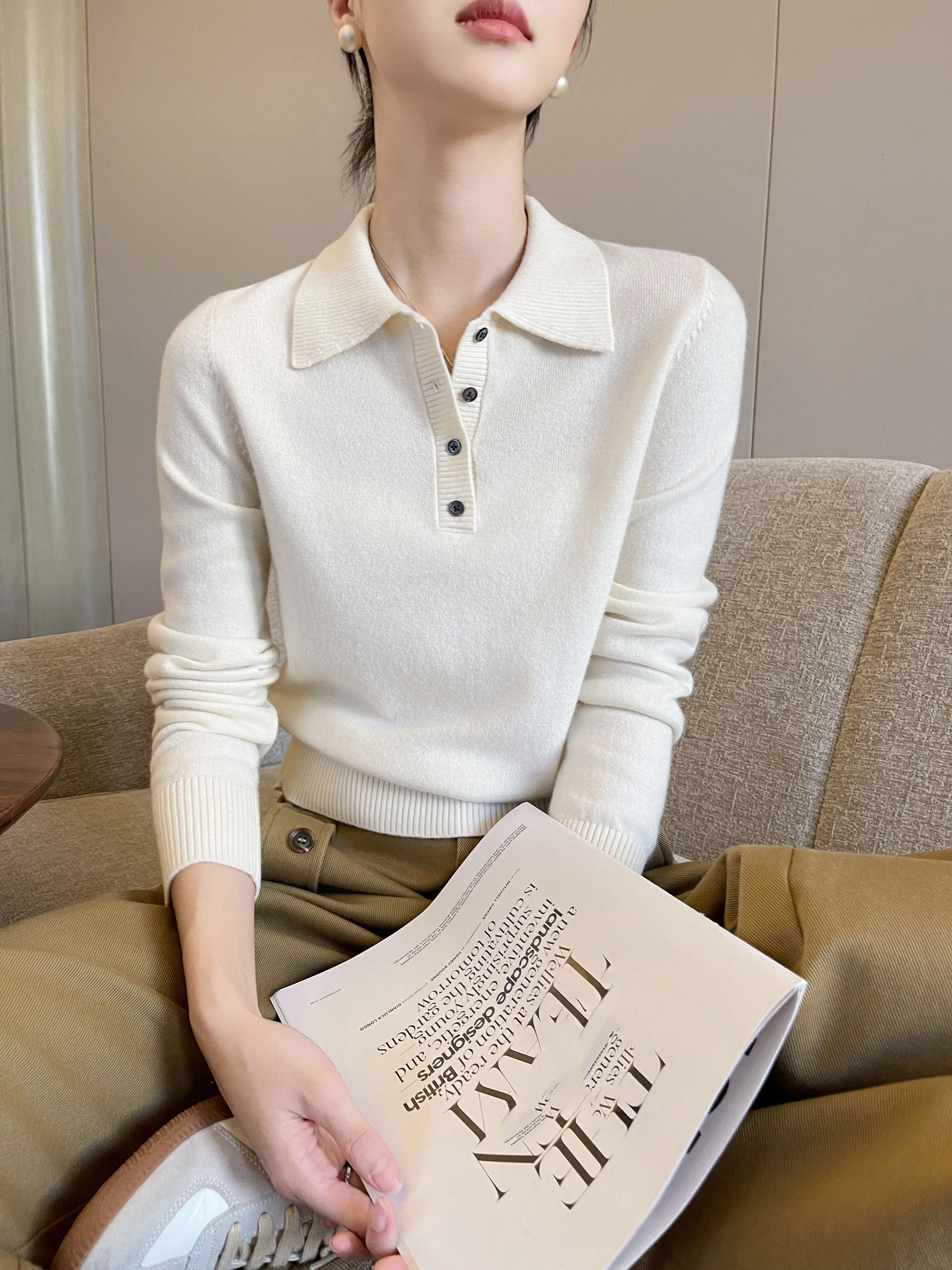 

Женский модный универсальный вязаный свитер с воротником, бежевый, с длинными рукавами, в стиле ретро, весна 2026, стандартный крой, средняя плотность