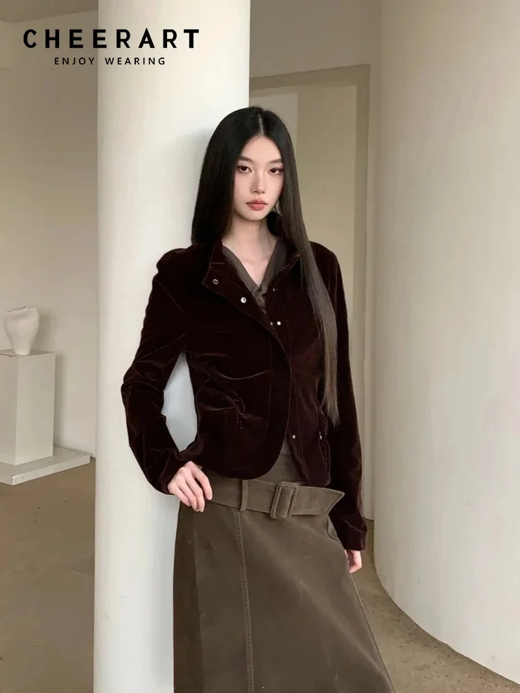 CHEERART Wine Red Velvet Winter Jacket Woman Stand Collar Coat Ladies Winter Coats And Cropped Jackets 2025 Fashion Clothes
