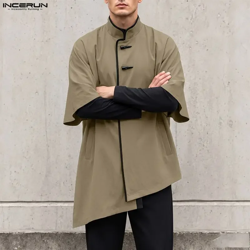 INCERUN Men's Irregular Shirt Cloak Patchwork Stand Collar Half Sleeve Ponchos For Man Streetwear Loose Fashion Men Clothes Tops